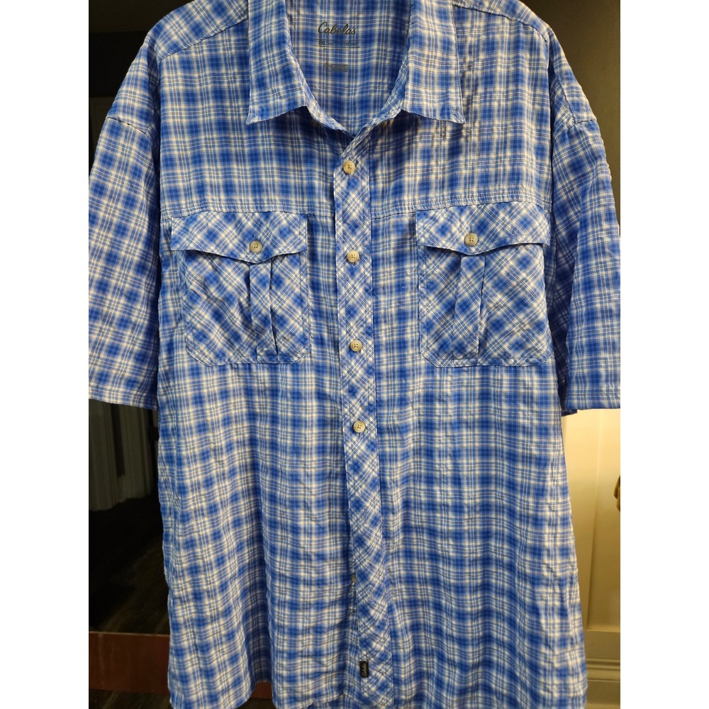 Cabelas 4MOST WICK Mens 2XL Blue Plaid Short Sleeve Fishing Hiking Button Shirt